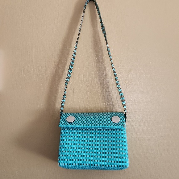 Handbags - Turquoise Blue Woven Crossbody Bag Silver Snap Closure Purse Handbag